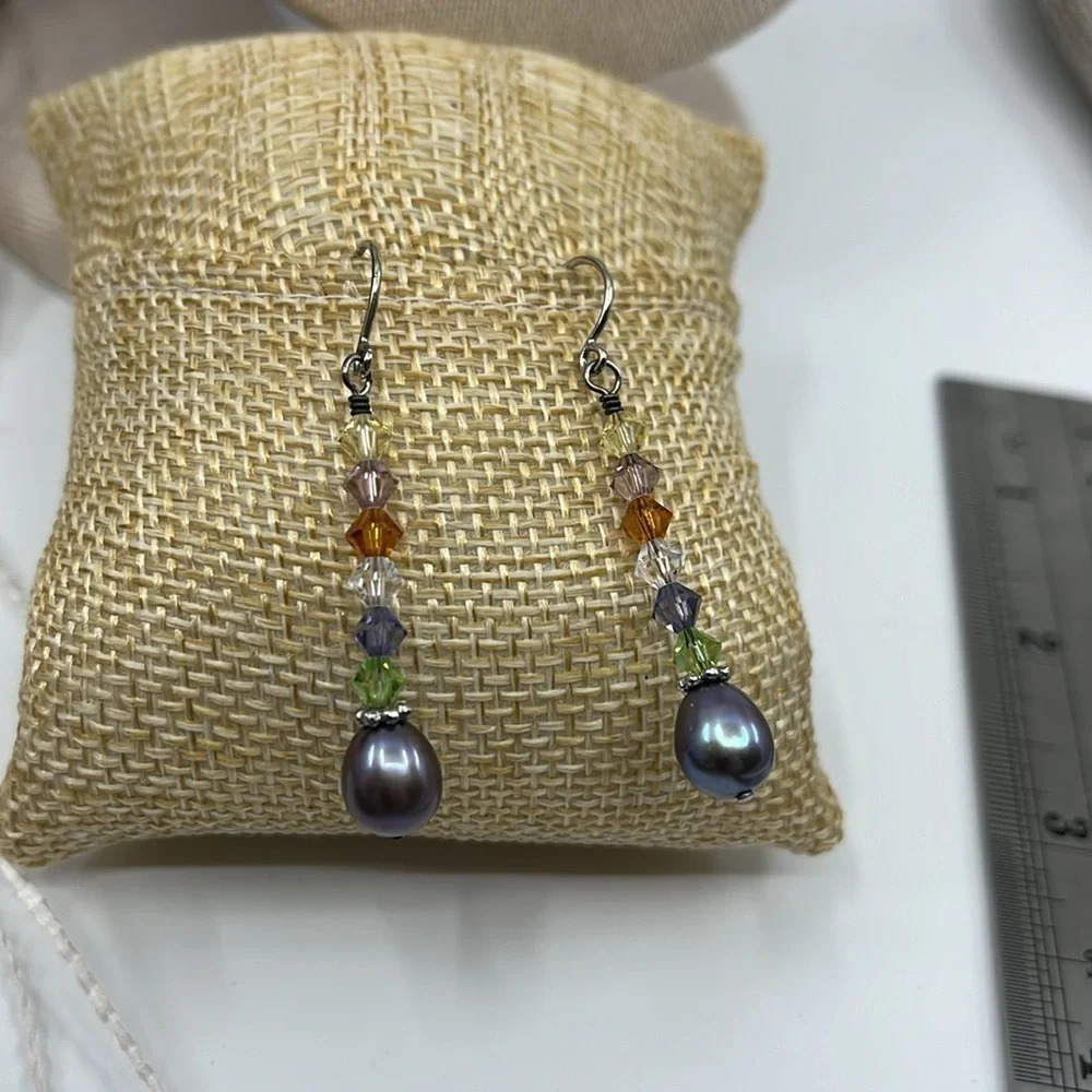 Swarovski Crystal & Blue Pearl 925 Sterling Drop Earrings - Picture 14 of 17